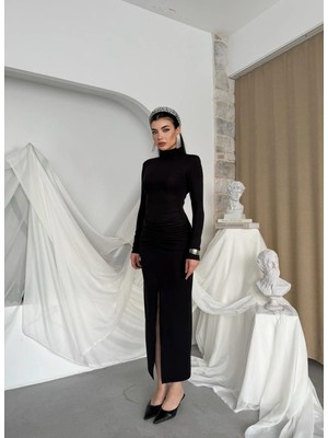 Caddebostan Moda Dik Yaka Uzun Kollu Büzgülü Yırtmaçlı Midi Elbise