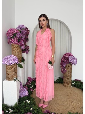 Caddebostan Moda Kadın V Yaka Kolsuz Şifon Görünümlü Fırfırlı Uzun Abiye Elbise Davet Şık Elbise