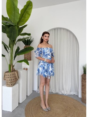 Caddebostan Moda Çiçek Desenli Ispanyol Kol Fırfırlı Belden Oturmalı Mini Straplez Elbise