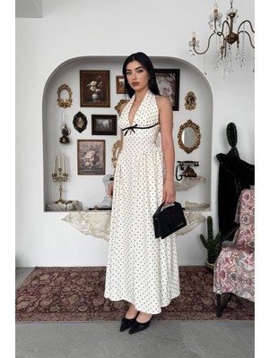 Caddebostan Moda Puantiye Desenli Askılı Fiyonk Detaylı Midi Elbise