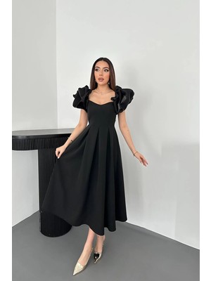 Caddebostan Moda Kolları Balon Pileli Özel Tasarım Atlas Elbise, Mezuniyet ve Davet Elbisesi