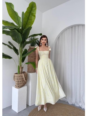 Caddebostan Moda Omuz Bağlamalı Çiçekli Askılı Midi Elbise Şık Yazlık Elbise