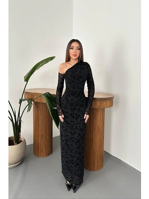 Caddebostan Moda Tek Omuzlu Uzun Kollu Transparan Desenli Şık Abiye Elbise