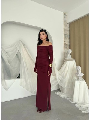 Caddebostan Moda Kayık Yaka Uzun Kollu Drapeli Abiye Elbise Yırtmaçlı Gece Elbisesi