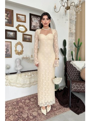 Caddebostan Moda Kadın Dantelli Uzun Kollu Kare Yaka Midi Elbise Şık Abiye Mezuniyet Nişan Elbisesi
