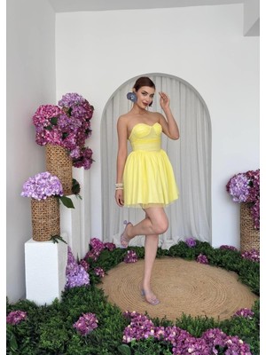 Caddebostan Moda Straplez Tüllü Mini Abiye Elbise Mezuniyet ve Kokteyl Elbisesi