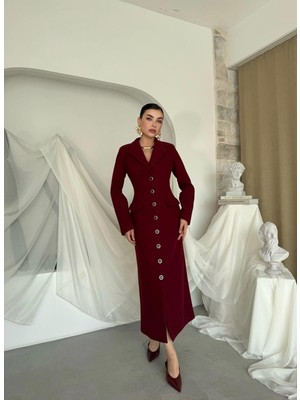Caddebostan Moda Düğmeli Yaka Detaylı Uzun Ceket Elbise Şık Ofis Elbisesi