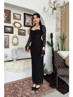 Caddebostan Moda Kadın Dantelli Uzun Kollu Kare Yaka Midi Elbise Şık Abiye Mezuniyet Nişan Elbisesi