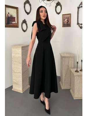 Caddebostan Moda Omuz Fiyonk Detaylı Sıfır Kol Midi Elbise Şık Abiye Elbise