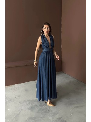 Caddebostan Moda Derin Yırtmaçlı Dekolteli Tencel Kumaş Bağlamalı Uzun Elbise
