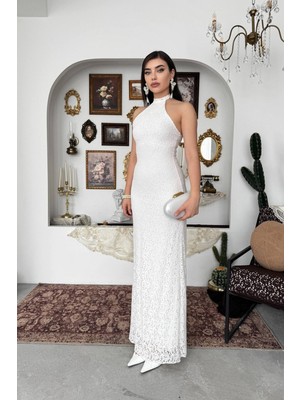 Caddebostan Moda Boyun Bağlamalı Dantel Detaylı Midi Elbise Şık Abiye