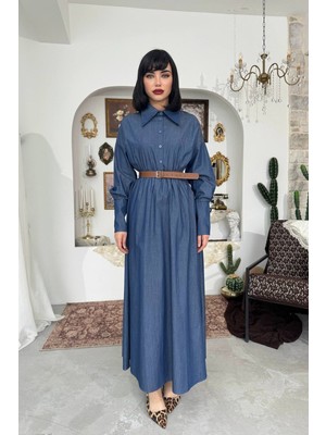Caddebostan Moda Kemere Bağlamalı, Uzun Kollu, Gömlek Yaka, Düğmeli, Uzun Maxi Denim Elbise