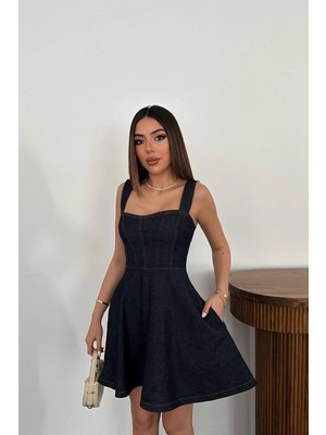Caddebostan Moda Korse Detaylı Askılı Mini Jean Elbise
