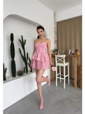 Caddebostan Moda Gül Desenli Ip Askılı Kat Kat Mini Elbise