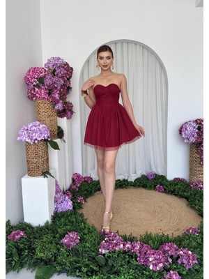 Caddebostan Moda Straplez Tüllü Mini Abiye Elbise Mezuniyet ve Kokteyl Elbisesi
