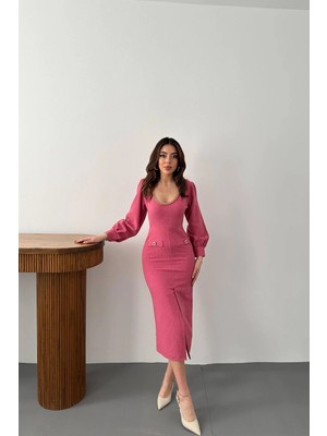Caddebostan Moda Zincir Detaylı Balon Kol Kruvaze Yaka Midi Boy Şık Elbise
