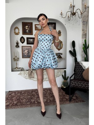 Caddebostan Moda Askı Boyunlu, Puantiyeli, Balon Etekli, Şık Mini Elbise