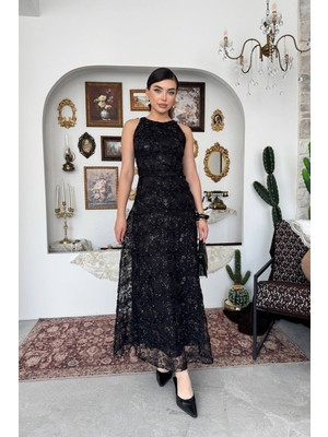 Caddebostan Moda Kadın Sıfır Kol Çiçek Işlemeli Payetli Midi Abiye Elbise