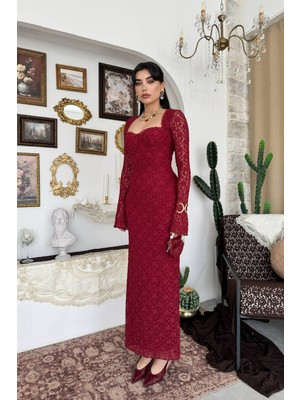 Caddebostan Moda Kadın Dantelli Uzun Kollu Kare Yaka Midi Elbise Şık Abiye Mezuniyet Nişan Elbisesi