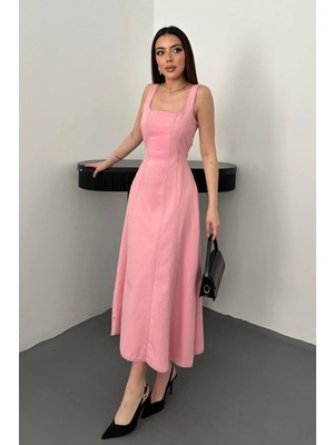 Caddebostan Moda Kare Yaka Çift Dikiş Detaylı Midi Boy Gabardin Elbise