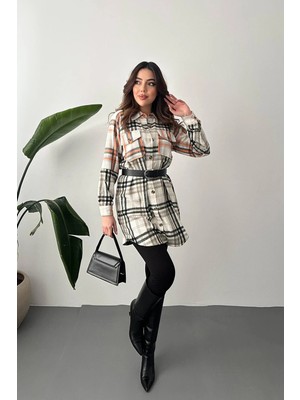 Caddebostan Moda Ekoseli Kemerli Oduncu Gömlek Elbise Uzun Kollu Mevsimlik Salaş Tesettür Uyumlu Günlük Elbise