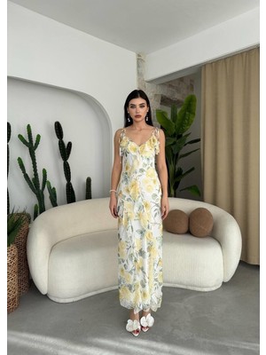 Caddebostan Moda Çiçek Desenli Ip Askılı Fırfırlı Şık Yazlık Uzun Elbise