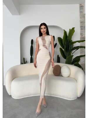 Caddebostan Moda Kadın Sıfır Kol Fırfırlı Detaylı Tül Midi Elbise Şık Abiye Elbise