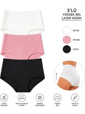 3 Adet Yüksek Bel Basic Lazer Kesim Bikini Külot