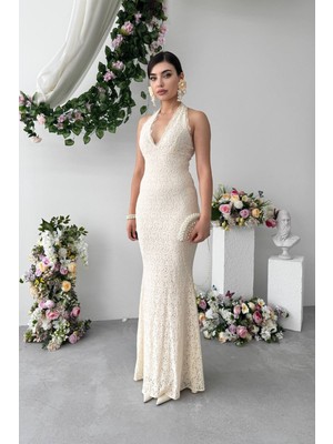 Caddebostan Moda Dantel Detaylı Sırt Dekolteli Askılı Abiye Midi Elbise