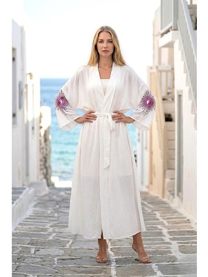 Veraura Lifestyle Beyaz Sırtı ve Kolları Nakışlı Püsküllü Uzun Kimono