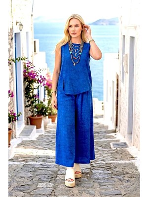 Veraura Lifestyle Saks Mavi Kırçıllı Pantolon Bluz Ikili Takım