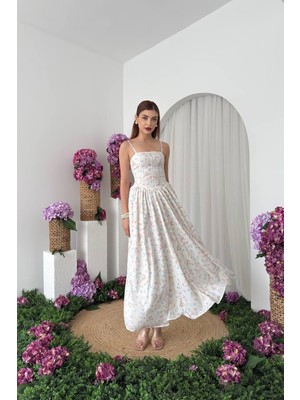 Caddebostan Moda Çiçek Desenli Ip Askılı Korseli Midi Elbise Yazlık Şık Askılı Elbise