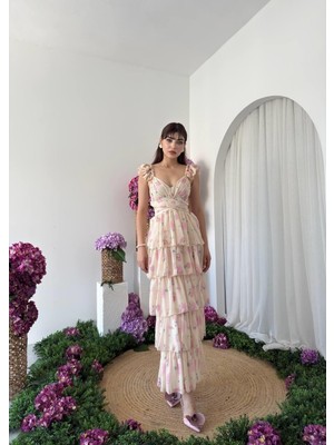 Caddebostan Moda Çiçekli Askılı Fırfırlı Sırt Dekolteli Uzun Elbise