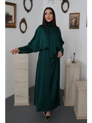 Caddebostan Moda Balon Kollu Jakarlı Saten Elbise Yarasa Kol Tesettür Giyim Abiye Elbise