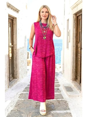 Veraura Lifestyle Fuşya Kırçıllı Pantolon Bluz Ikili Takım