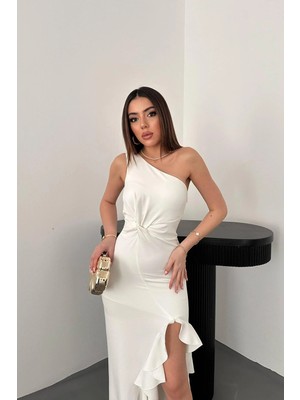 Caddebostan Moda Tek Omuz Büzgülü Yırtmaçlı Volanlı Abiye Elbise