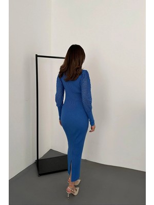 Caddebostan Moda Kolları Örgü Detaylı Balıkçı Yaka Uzun Triko Elbise