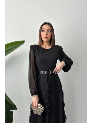 Caddebostan Moda Kemerli Şifon Detaylı Uzun Kollu Fırfırlı Maxi Elbise