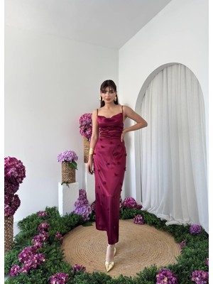 Caddebostan Moda Askı Detaylı Çiçek Işlemeli Saten Abiye Elbise