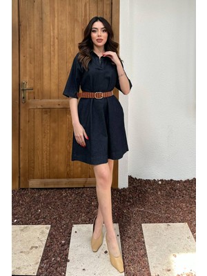 Caddebostan Moda Kemerli Denim Kısa Gömlek Elbise Günlük Şık Kadın Elbise