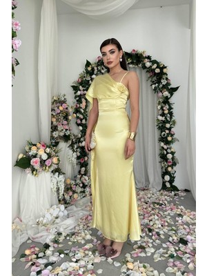 Caddebostan Moda Yaka Kuşağı Detaylı Tek Omuz Saten Abiye Elbise Mezuniyet Nişan Düğün Elbisesi