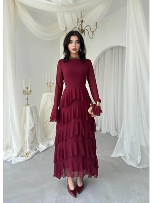 Caddebostan Moda Kadın Şık Kat Kat Fırfırlı Uzun Kollu Şifon Midi Elbise