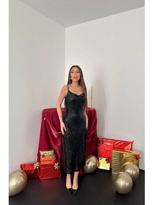 Caddebostan Moda Askı Detaylı Fırfırlı Payetli Şifon Abiye Elbise
