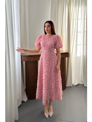 Caddebostan Moda Gül Desenli Balon Kol Midi Elbise Şık Abiye Davet Elbisesi