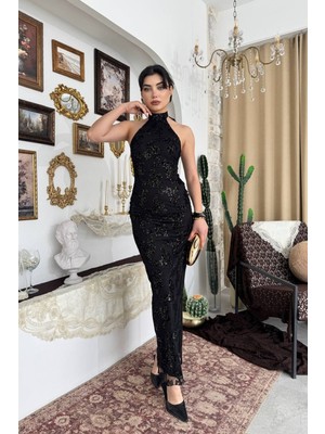 Caddebostan Moda Boyun Bağlamalı, Desenli, Simli, Yırtmaçlı, Şık Gece Elbisesi, Mezuniyet ve Abiye Elbise