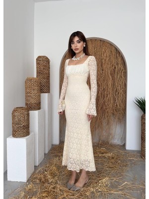 Caddebostan Moda Kare Yaka Uzun Kollu Dantelli Midi Elbise Şık Abiye