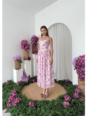 Caddebostan Moda Boyundan Bağlamalı, Çiçek Desenli, Kare Yaka, Belden Oturtmalı Yazlık Midi Elbise