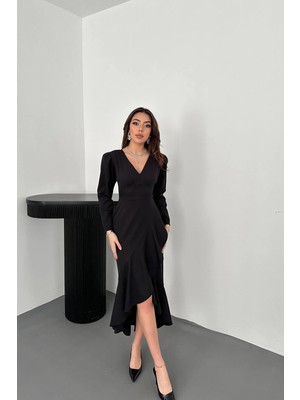 Caddebostan Moda V Yaka Volanlı Uzun Kollu Midi Atlas Elbise