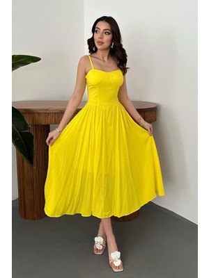 Caddebostan Moda Askılı Göğüs Kuplu Büzgülü Uzun Midi Elbise