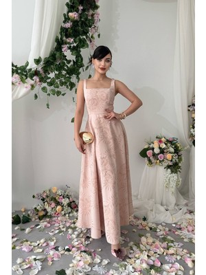 Caddebostan Moda Kare Yaka Desenli Midi Elbise Şık Abiye Mezuniyet Nişan Elbisesi